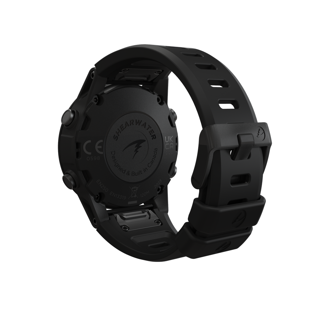 Shearwater Tern TX dive computer, black, rear view with strap